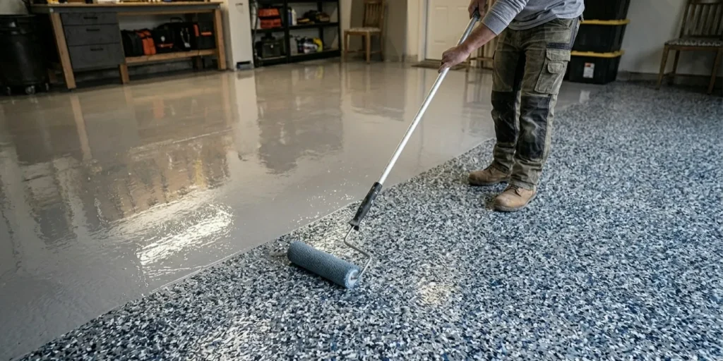 Industrial-grade base coat application for polyaspartic flooring