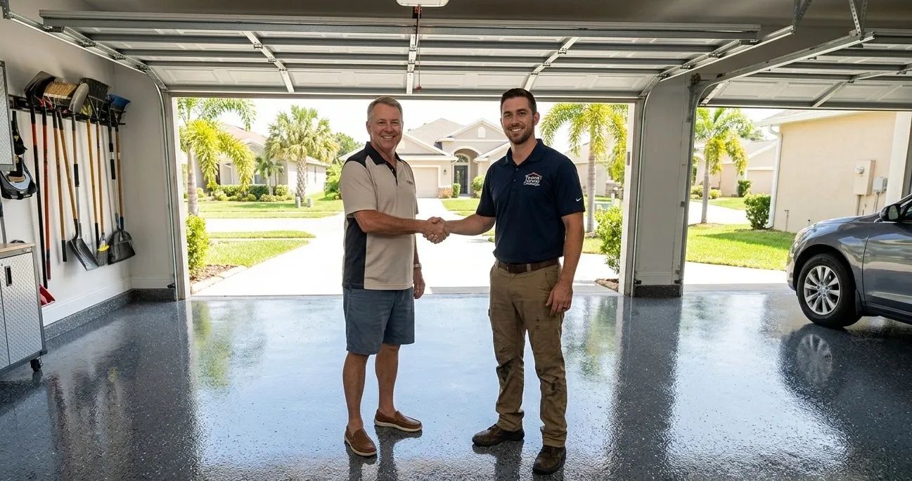 Tampa homeowner and floor coating contractor confirming project estimate