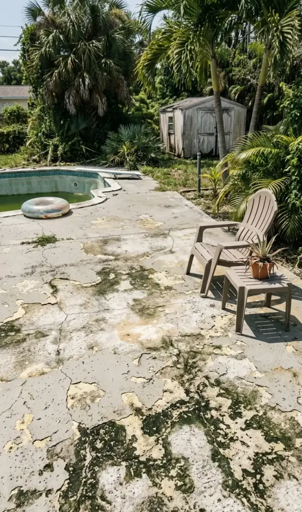 Stained and dirty outdoor patio concrete