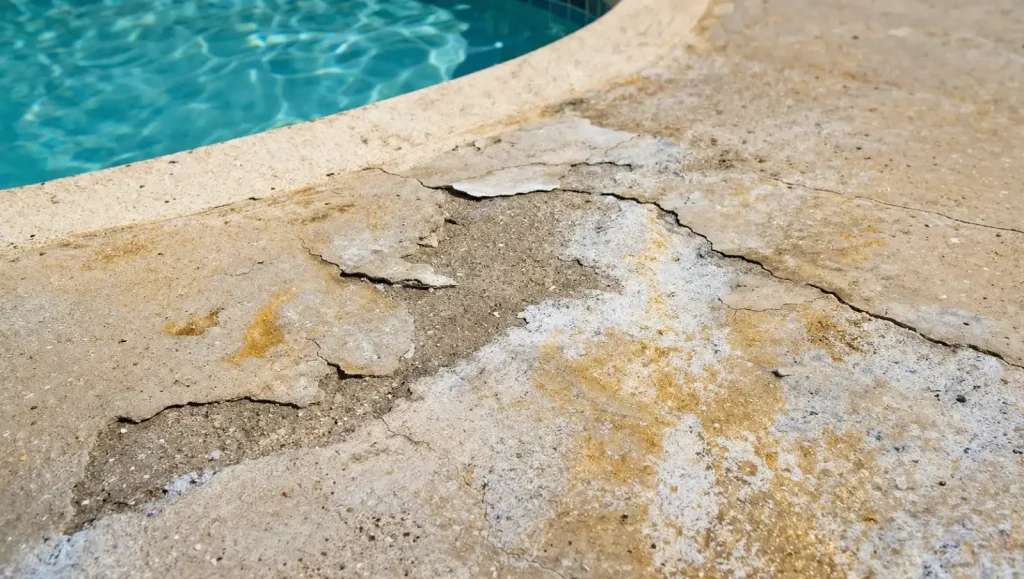 Close-up of a damaged concrete pool deck in Tampa showing a peeling coating, severe chlorine stains, and surface cracks.