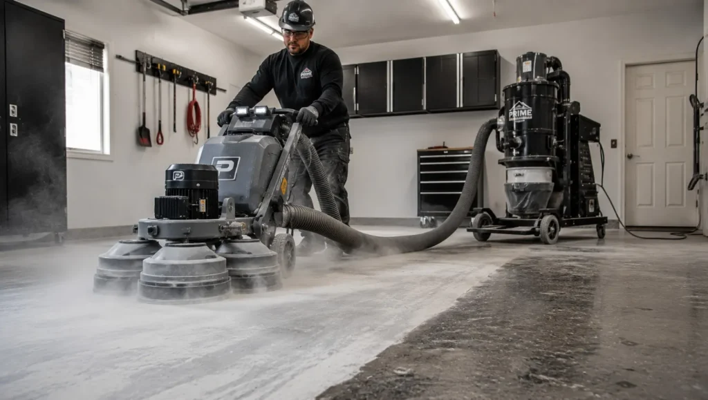 Professional flooring contractor using a heavy-duty industrial diamond grinder to mechanically prepare a concrete garage floor for a permanent polyaspartic base coat.