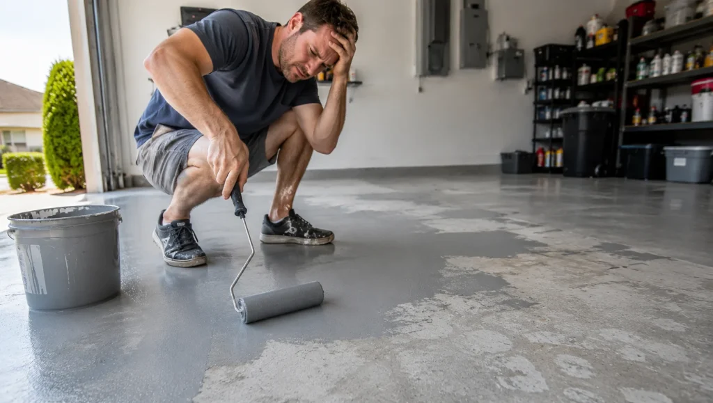 A homeowner applying a thin, water-based DIY epoxy kit with a roller, which often leads to uneven coverage and long-term floor coating failure due to low solids content.