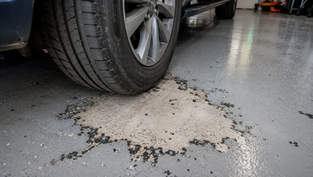 A vehicle tire parked on a residential garage floor showing severe hot tire pickup, where the hot rubber has ripped chunks of cheap epoxy directly off the concrete
