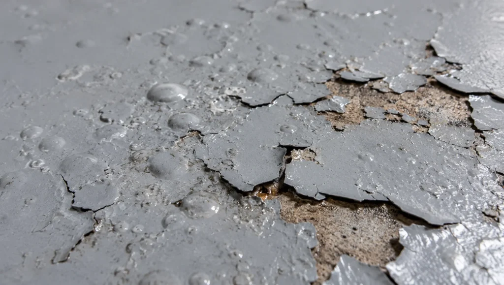 Close up of moisture bubbles and blistering on a failed DIY epoxy garage floor.