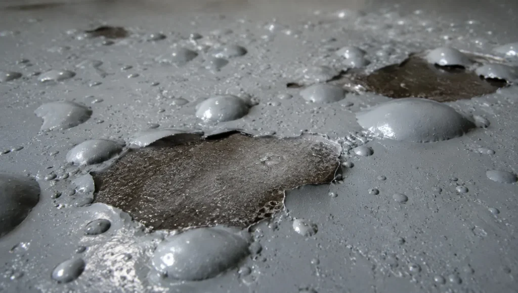 Close up view showing moisture vapor transmission causing large bubbles and peeling under a cheap DIY epoxy garage floor coating in Florida.