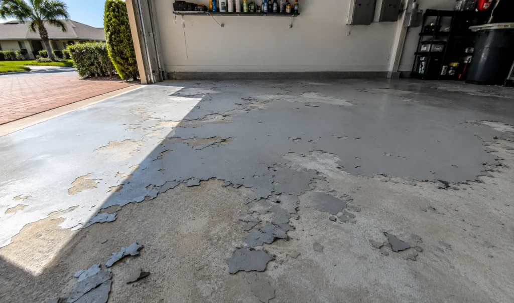 eeling and cracked DIY garage floor epoxy failing under intense Florida heat.