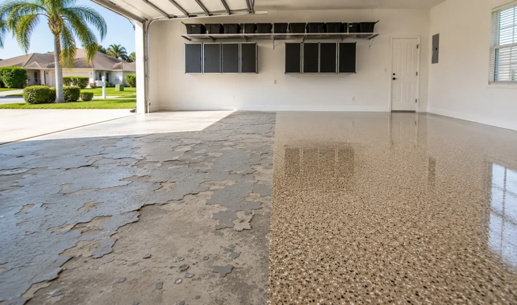 Side by side comparison of a failed peeling epoxy garage floor and a highly durable polyaspartic floor coating installed in a Tampa home.