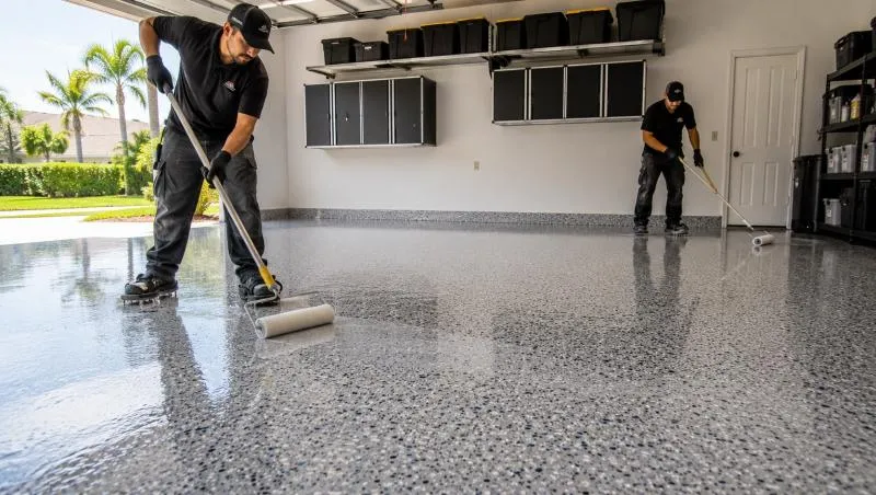 Professional installers applying polyaspartic top coat on garage floor