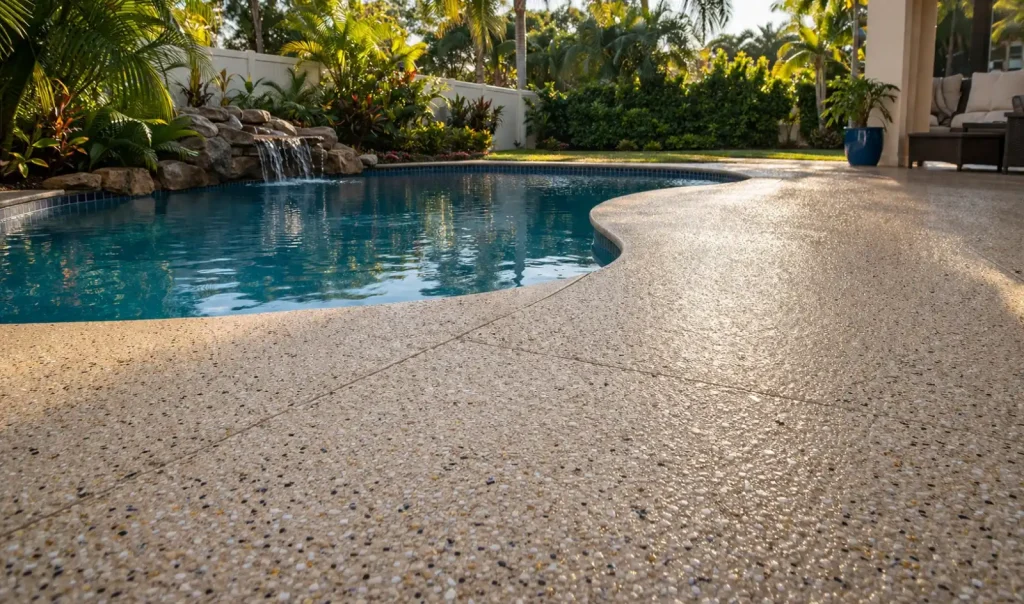 A beautifully coated, slip-resistant polyaspartic pool deck surrounding a backyard swimming pool in Tampa, Florida.