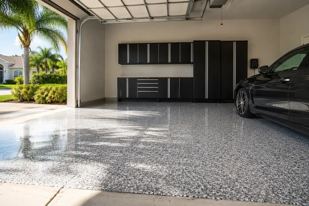 A beautifully finished residential garage in Tampa, Florida featuring a glossy, premium polyaspartic floor coating with a gray and white flake blend.