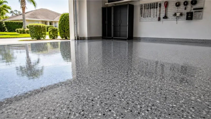 High quality polyaspartic floor coating with gray flakes in Tampa