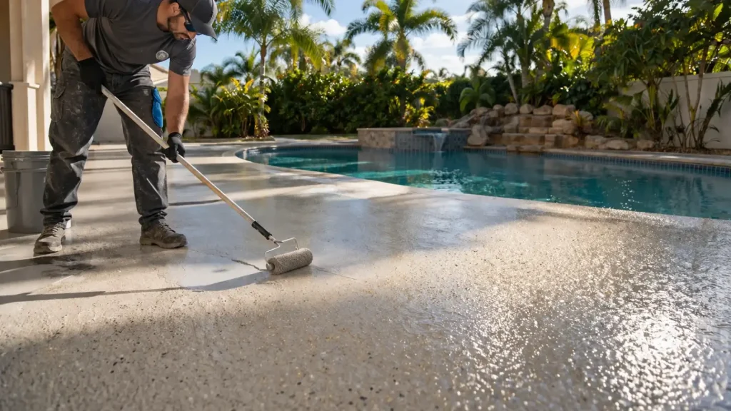 Professional flooring contractor applying a durable, UV-stable polyaspartic coating to a residential pool deck in a Tampa backyard.