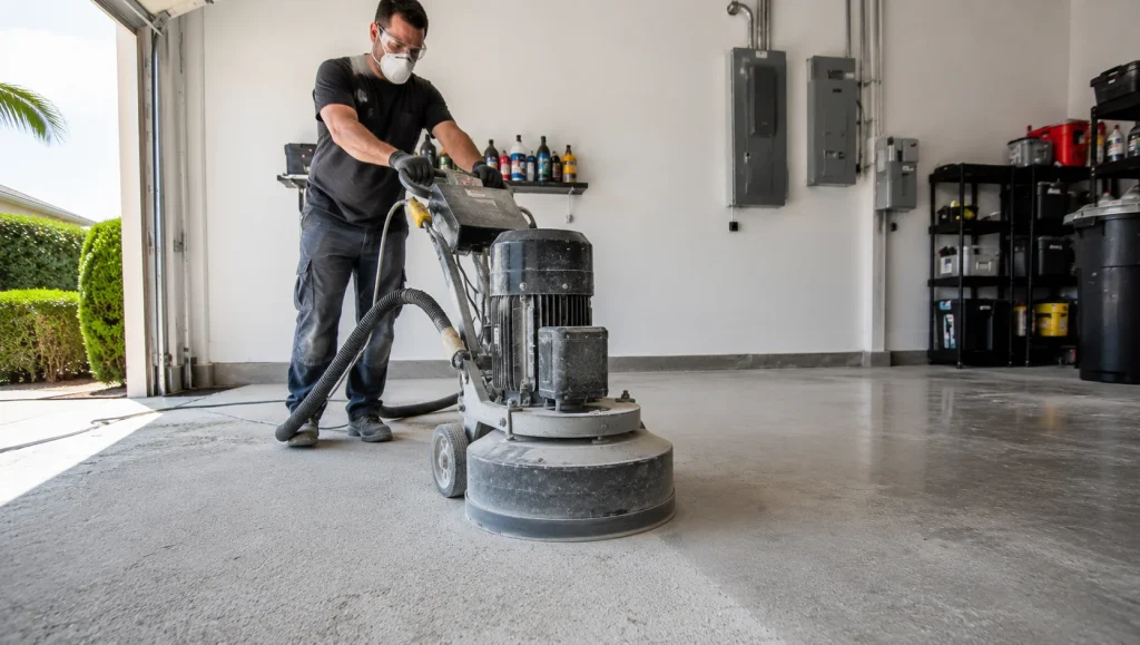 Professional floor coating contractor using a heavy diamond grinder to prep a garage floor.