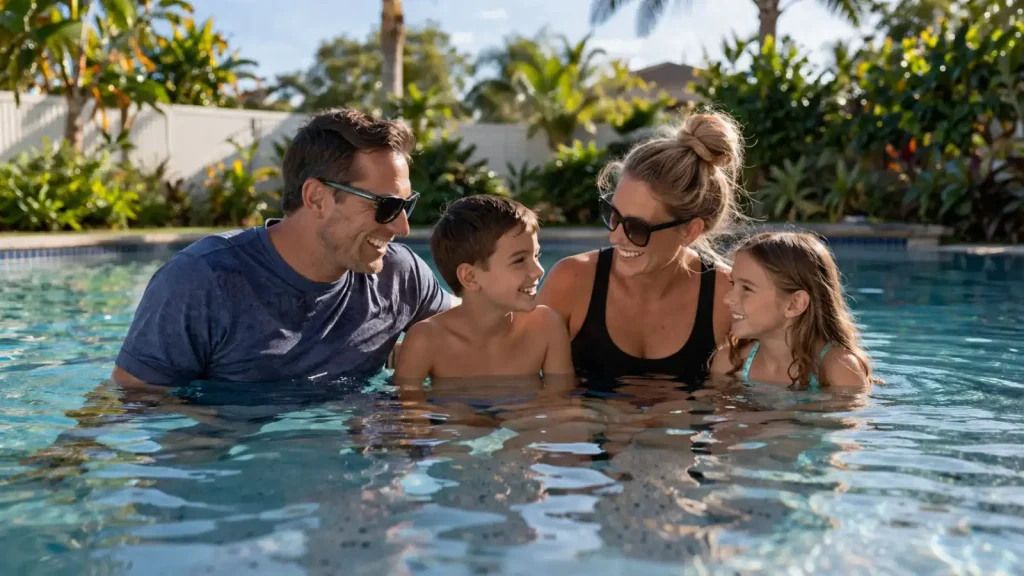 A happy Tampa Bay family walking safely barefoot on their newly coated, slip-resistant, and heat-reflective pool deck on a sunny afternoon.