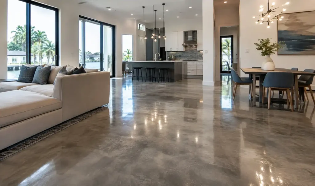 High-gloss polished concrete floor reflecting natural light inside a modern Tampa, Florida home interior.
