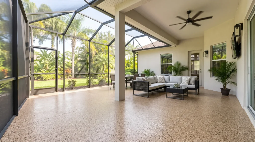 Screened lanai floor coating in Tampa FL with a warm tan polyaspartic flake finish