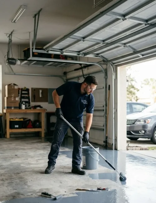 Industrial-grade base coat application for polyaspartic flooring